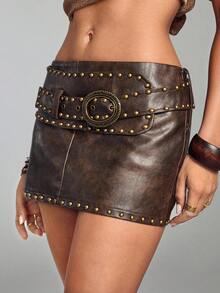 ROMWE Hippie Sexy Riveted PU Leather Mini Skirt - Brown - View 6