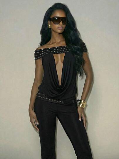 Femmeiva 女士针织吊带背心，饰有水钻，时尚设计，适合派对和聚会。