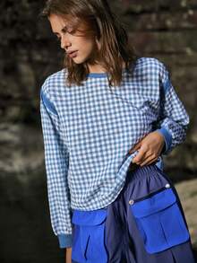Medorelle 女士格子露背短款休闲上衣 - 藍色 - 查看 2