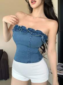 DAZY Áo ống denim nữ kiểu dáng thường ngày với viền bèo nhún, thích hợp cho mùa hè. - Màu xanh lam - Xem 3