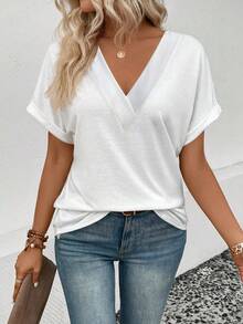 EMERY ROSE Women's Solid Color V-Neck Short Sleeve Casual Versatile T-Shirt - White - View 5
