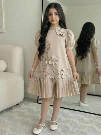 SHEIN 少女优雅圆领短袖梭织连衣裙