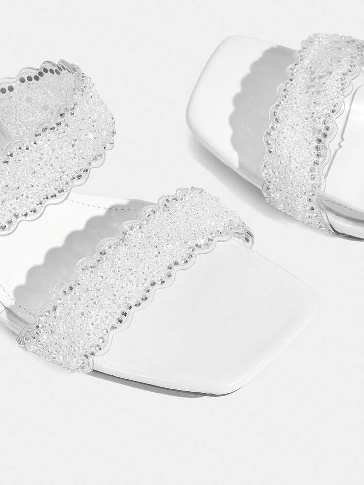 CUCCOO TILAWA Women Shoes Square Toe Slender Heel White Transparent Film Rhinestones Sexy Fashion Elegant Gorgeous Women's High Heel Sandals Slippers With Skirts Daily Versatile Banquet Party Women's Sandals