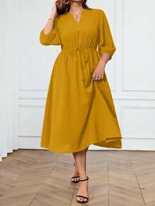 Miaspire Vestido midi con cuello en V, mangas raglán y cintura fruncida para tallas grandes - Amarillo - Ver 5