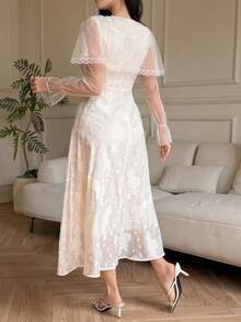 DAZY 女士优雅蕾丝拼接V领蝴蝶结中长连衣裙，春夏款 - 米色 - 查看 2