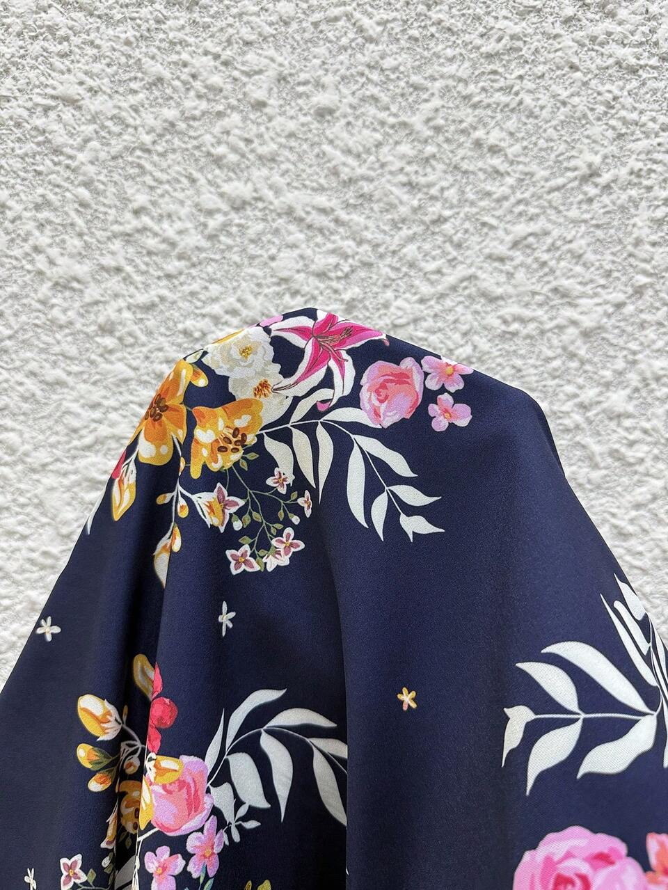 Plus Size Women Floral Print V-Neck Top And Wide Leg Pants 2 Pieces Set,Navy Blue,Autumn,Boho,Vacation,Holiday Resort Outfits Casual Summer Pant Suit
