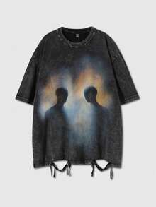 ROMWE MEN 男士圆领做旧设计人形印花休闲百搭日常短袖T恤 - 黑色 - 查看 1