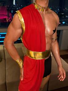 SHEIN Men's Costume Set (Skirt, Top, Belt, Gloves, Arm Accessories, Necklace) - Red - View 3