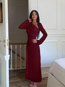 Ronhire 女士纯色网眼拼布简约长款优雅连衣裙 - 酒紅色 - 查看 1