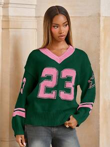 Mima John 情人节 V 领黑白心形印花套头衫，秋冬女士简约时尚休闲日常穿着 - 綠色 - 查看 6