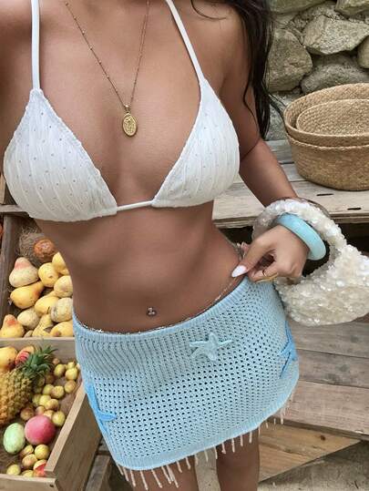 Aloruh Women's Blue Low-Waist Bodycon Crochet Starfish Tassel Hem Mini Skirt, Vacation Beach Skirt
