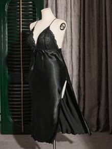 SilkySpell Satin V-Neck Lace Slimming High Slit Camisole Comfortable Plus Size Nightgown - Black - View 6