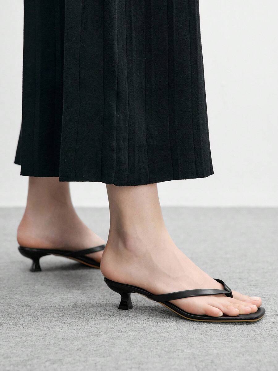 CUCCOO BIZCHIC 复古简约沙滩度假风法式夏季人字拖，方头猫跟，裙摆细带套脚中跟凉鞋，女款 - 黑色 - 查看 1