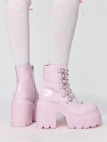 ROMWE Kawaii 女士高跟凉鞋~ 2026 新款春秋朋克风粉色 PU 圆头女鞋粗跟防水桌高跟鞋爱心交叉带时尚靴 - 粉色 - 查看 2