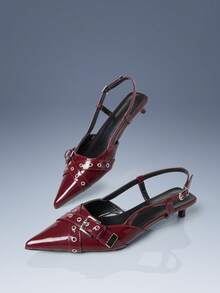 CUCCOO GRLICON Tacones de salón de punta afilada sin talón, con hebilla metálica, en piel patentada color vino tinto - Burdeos - Ver 5