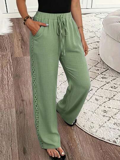 SHEIN LUNE Women's Vacation Casual Solid Color Side Ruffle Long Pants