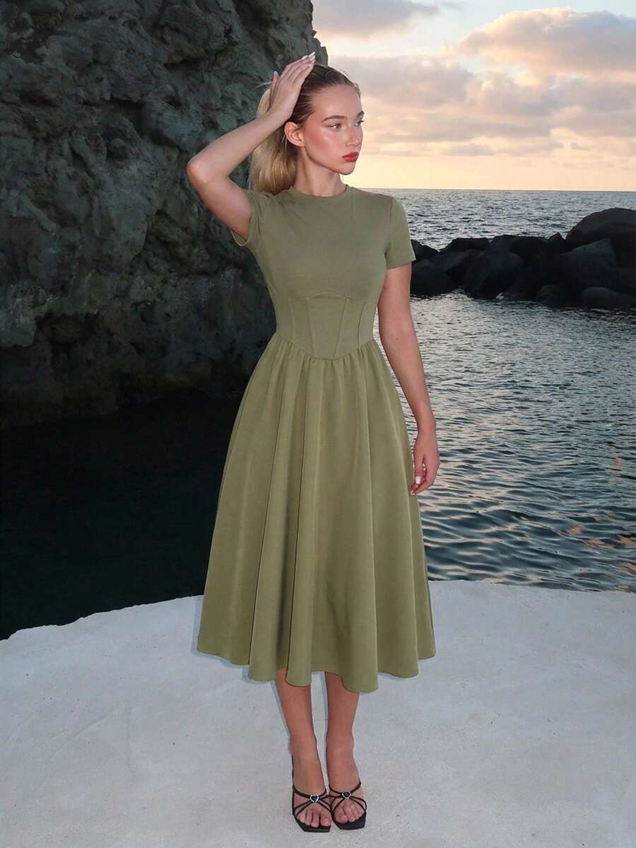 Turnttoni Black Herringbone Print Mid-Length Dress,Sun Dress - Army Green - View 1