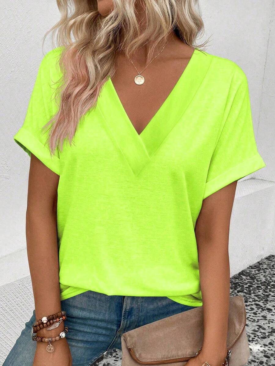 EMERY ROSE Women's Fluorescent Green V-Neck Short Sleeve Casual Versatile T-Shirt - Green - View 1