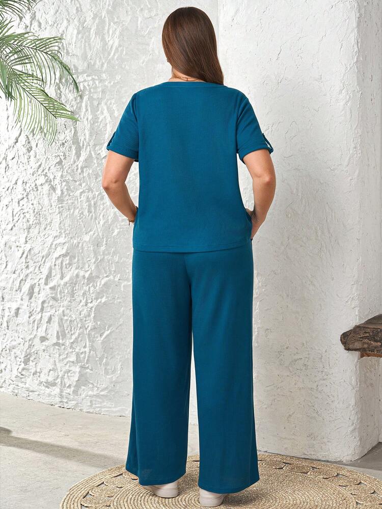 Plus Size Vacation Casual Solid Color Notched Neck Shirt And Pants 2 Pieces Set Women Vacation Outfit Sets Blouse And Pants Set For Women Women 2 Piece Outfit Casual Summer Outfits For Women  Beach Outfit For Women  Casual  Vacation Outfits Women Country Concert Outfit Peplum