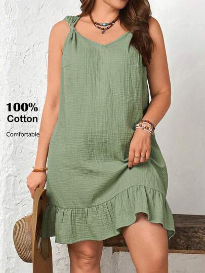 EMERY ROSE Plus Size Women's Solid Color Pleated Casual Dress, Suitable For Dates, Daily Wear, Spring/Summer