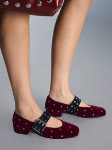 CUCCOO GRLICON 2000's Style Studded Square Toe Mary Jane Shoes, Suitable For Spring, Summer And Vacation - Burgundy - View 4