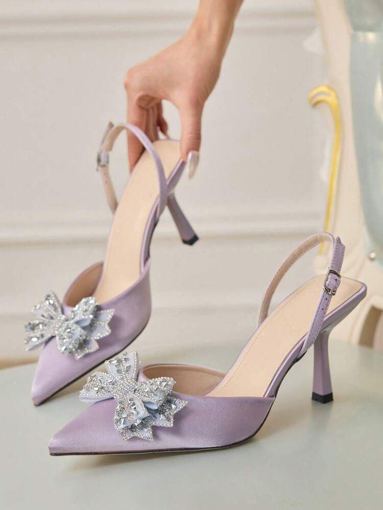 CUCCOO HITCHD Women's Pointed Toe High Heel Rhinestone Bow Accent Lavender Satin Slip-On Pumps, Elegant Bridal, Bridesmaid, Wedding Guest Shoes