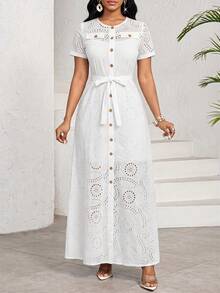 SHEIN Lady Women's Vacation Hollow-Out Embroidered Single-Breasted Short Sleeve Dress And Spaghetti Strap Dress Elegant 2 Pieces Set - White - View 5