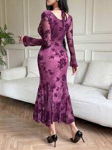 DAZY 优雅印花圆领系腰美人鱼中长连衣裙，女士吊带裙 - 紫色 - 查看 2