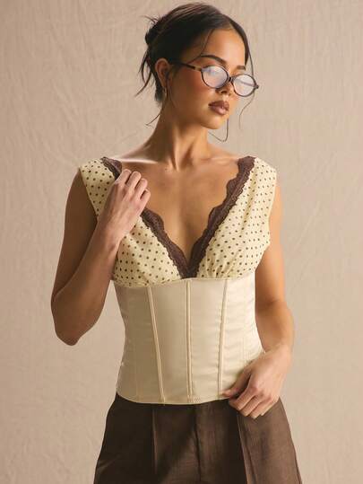 MUSERA Polka Dot Lace Hem Detail Lace Up Boned Corset Top Spring Summer Cosy Cute Daily Girly Vacation Sunlight Social Holiday