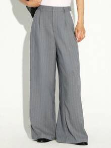 KSTM Striped Wide Leg Pants With White Lace Side Detail High Waisted Pinstripe Trousers Elegant Office Formal Palazzo Style Bottoms - Multicolor - View 4