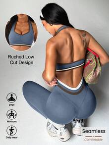 Dewbera Bộ đồ thể thao nữ kẻ sọc, xếp ly, áo croptop cổ yếm và quần legging. - Màu xanh bụi bặm - Xem 1