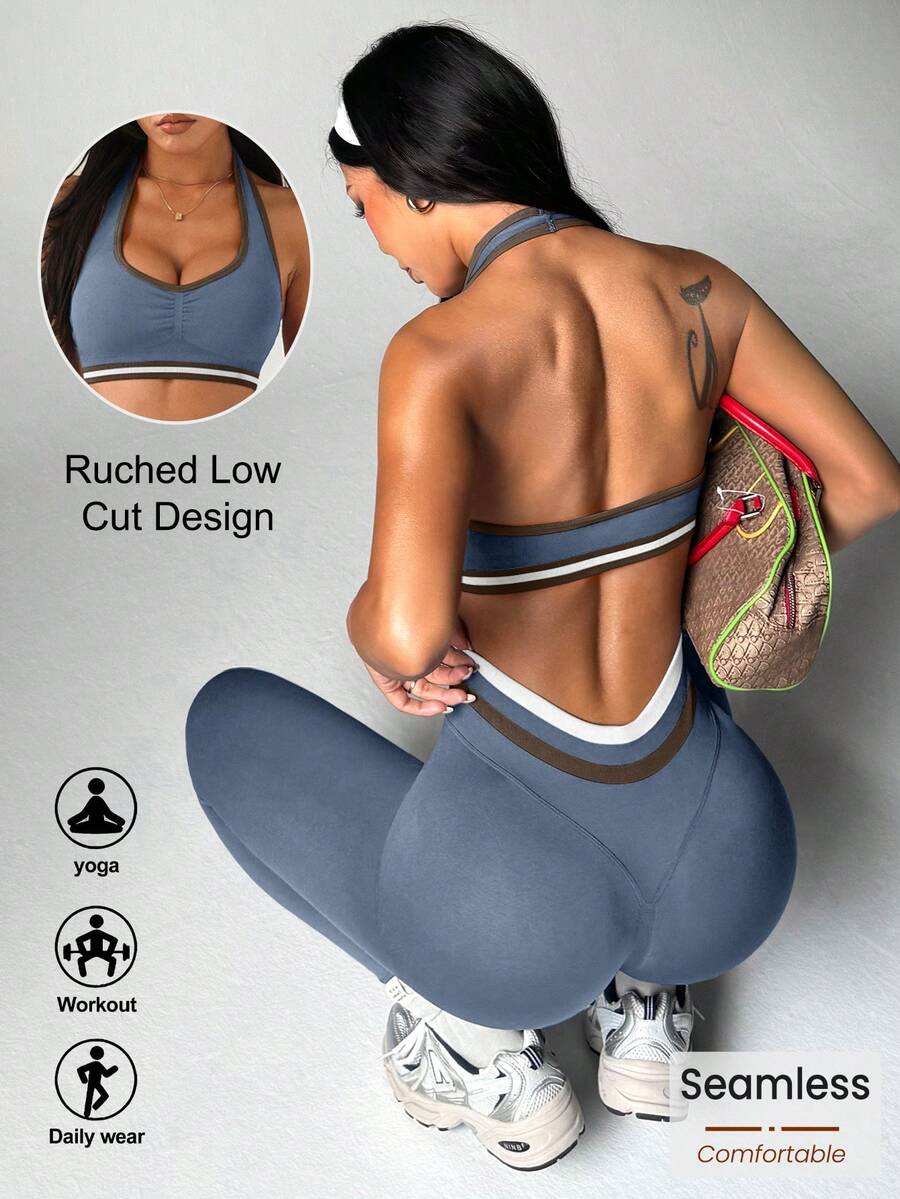 Dewbera Bộ đồ thể thao nữ kẻ sọc, xếp ly, áo croptop cổ yếm và quần legging. - Màu xanh bụi bặm - Xem 1