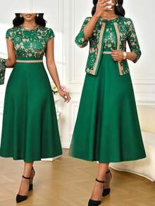 SHEIN Lady CURVE 大码印花七分袖外套和圆领短袖连衣裙优雅两件套 - 綠色 - 查看 4