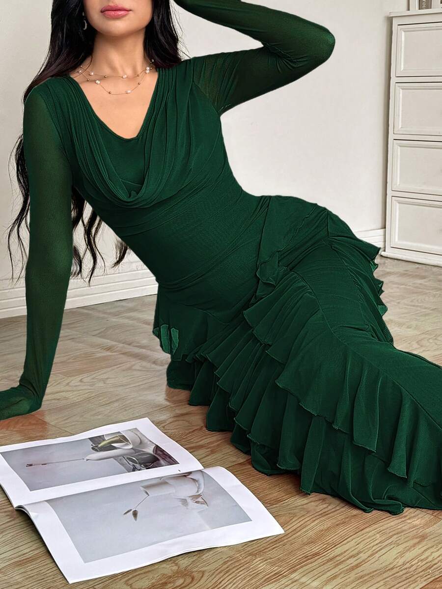 Modelyn Women's Long Elastic Mesh Flounce Collar Ruffle Hem Bodycon Elegant Dress, Spring/Summer Ruched Dresses For Women Latest Elegant Party Dress Luxury Long Sleeve Event Dress Dark Green Tiered Ruffle Dress Elegant Dresses For Women - Green - View 1