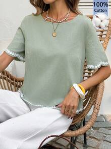 SHEIN LUNE 100%纯棉蕾丝边休闲女式衬衫，适合度假、夏季外出、沙滩穿着，绿色，夏季纯棉上衣 - 綠色 - 查看 4