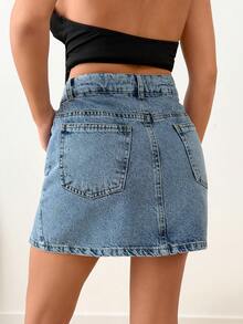 SHEIN 100% Cotton High Waist Denim Mini Skirt Button Front Slit Detailed - Light Wash - View 2