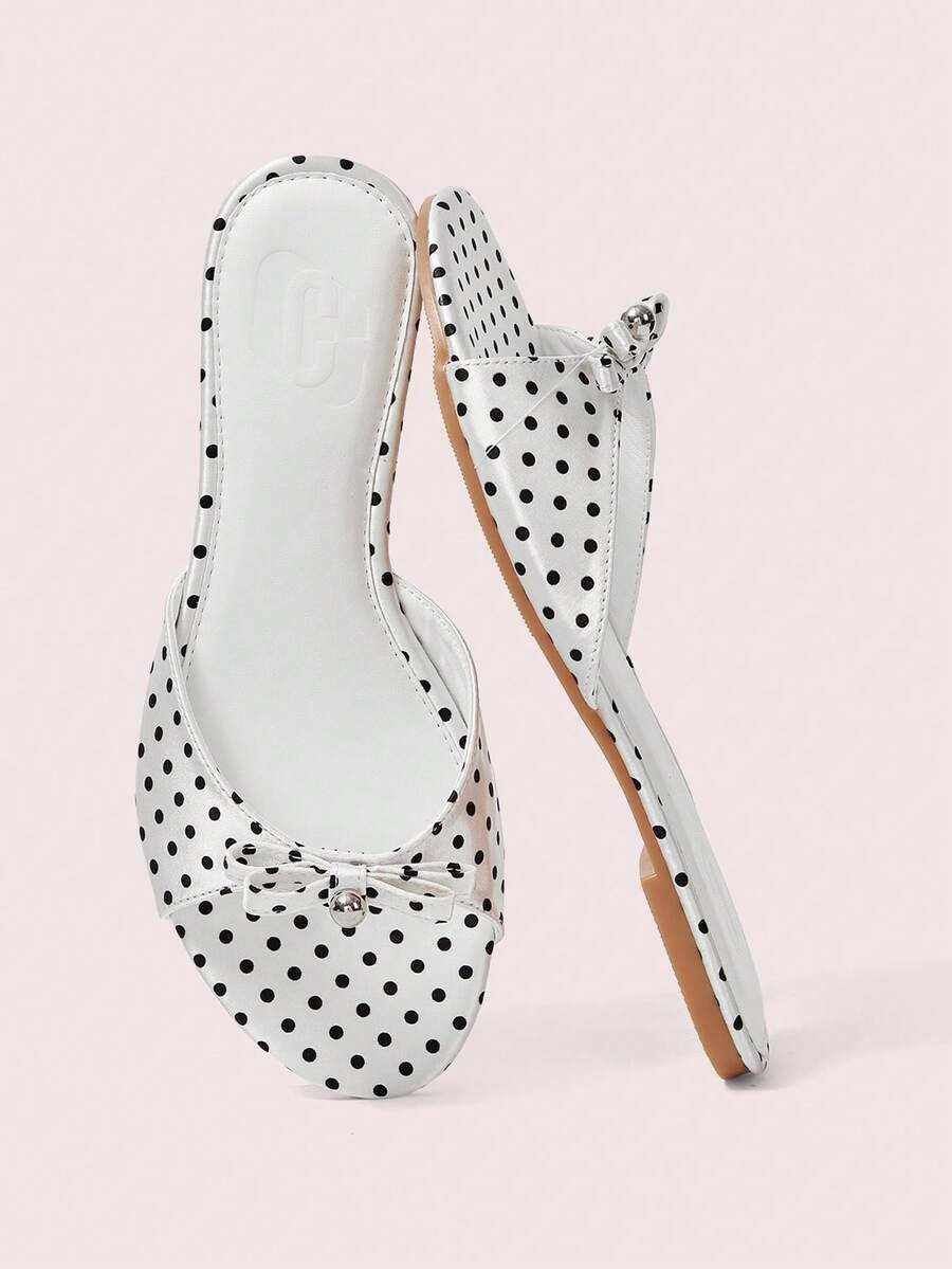 CUCCOO DOLLMOD Ladies White Polka Dot Comfortable Flat Sandals, Sweet Style Bow Flat Sandals - White - View 1