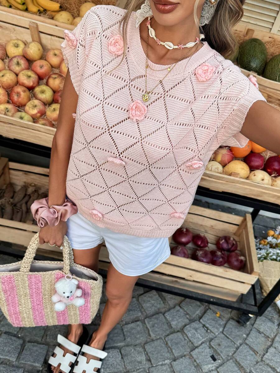 Selianne Hollow Out 3D Floral Knitted Women Top, Spring/Summer - Pink - View 1