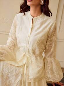 ZEYLAH Elegant Commuter Floral Embroidery Lantern Sleeve Shirt And Skirt 2 Pieces Set - White - View 5