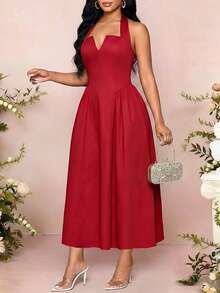 SHEIN Lady Vestito midi da donna con laccio al collo di colore rosso - Rosso - Visualizzare 3