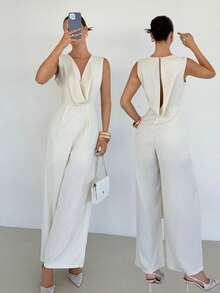 Siren Gaze Simple And Elegant Deep V-Neck Sleeveless White High-Waisted Jumpsuit For Women, Perfect For Summer, Slimming, Casual, And Stylish, Suitable For Commuting And Parties. - Apricot - View 6