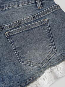 Sweetra 女士口袋做旧蕾丝边牛仔短裤 - 淺色水洗藍 - 查看 4