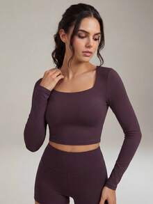 Anewsta 性感露背长袖瑜伽连体裤，胸部支撑设计，户外运动休闲上衣 - 淺灰紫 - 查看 4