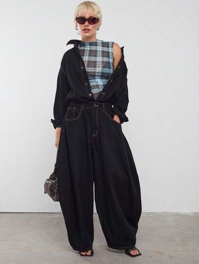 COUREZ 长袖牛仔衬衫宽松连体裤/Y2K冬季女装街头风外出装时尚派对装生日装