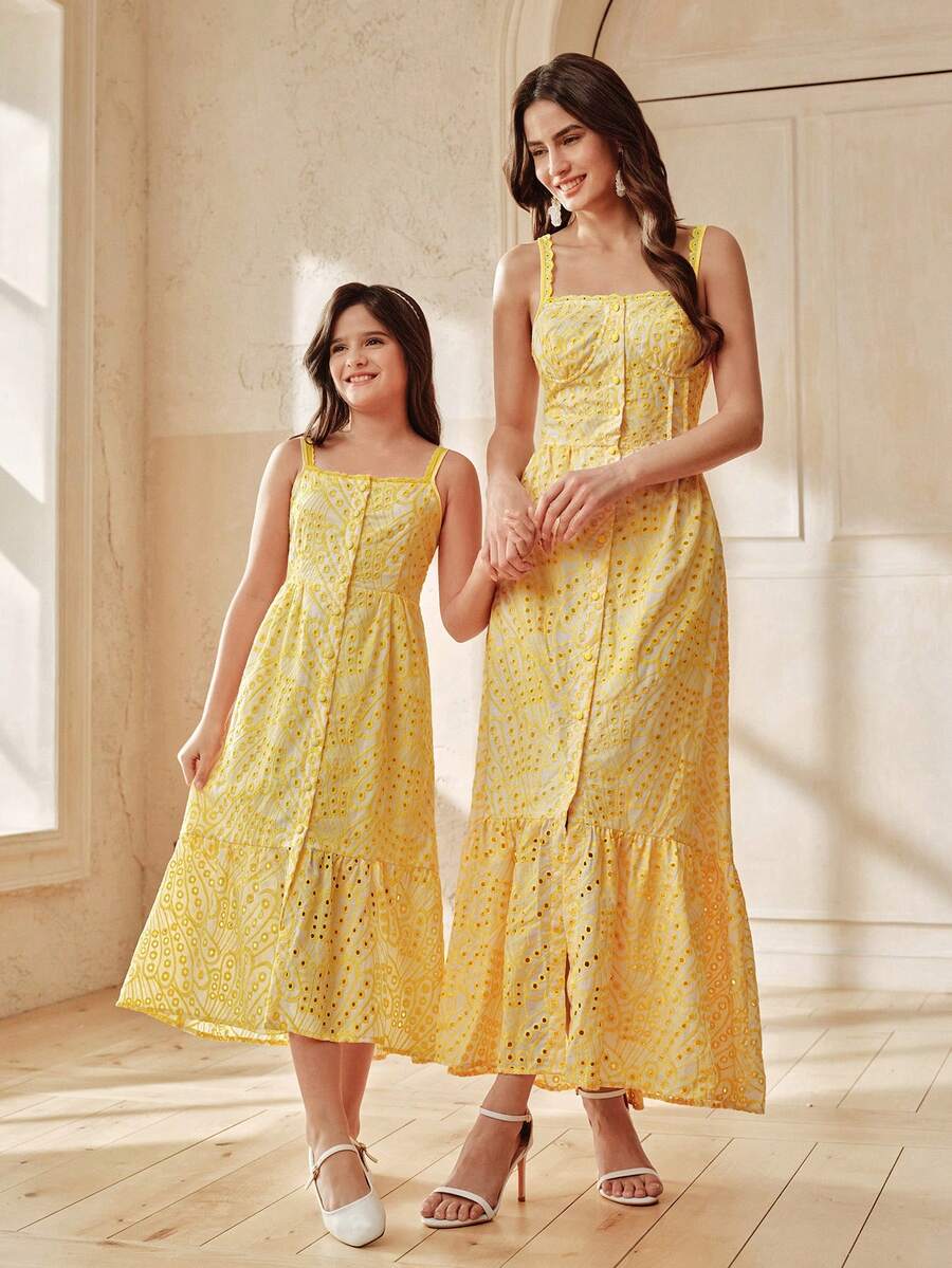 Anewsta Tween GirlsSleeveless Hollow-Out Slit Elegant Fashionable Versatile Yellow Dress - Yellow - View 1