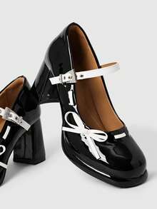 ROMWE 女士高跟鞋 暗黑摇滚朋克哥特风鞋 闭趾搭扣礼服鞋 防水桌布蝴蝶结甜美洛丽塔鞋 Y2K派对鞋 粗跟通勤工作鞋 - 黑色 - 查看 5