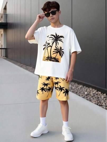 Vacaura Tonårspojkar vår/sommar kortärmad t-shirt och shorts 2-delat set, kokosnötsmönster avslappnad semesteroutfit