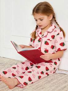 SHEIN 2 piezas Conjunto de pijama casual de niña joven con patrón de corazón de fresa tejido, top y pantalones largos - Rosa Pálido - Ver 4