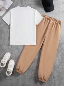 2pcs/Set Boys' Graphic Round Neck T-Shirt And Casual Sports Pants, Summer - Khaki - View 2