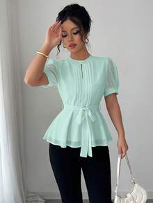 Elenzga Áo kiểu nữ thanh lịch cổ tròn tay phồng thắt eo nơ dáng chữ A tối giản tay ngắn, thích hợp cho mùa xuân/hè. - Màu xanh Bạc hà - Xem 4